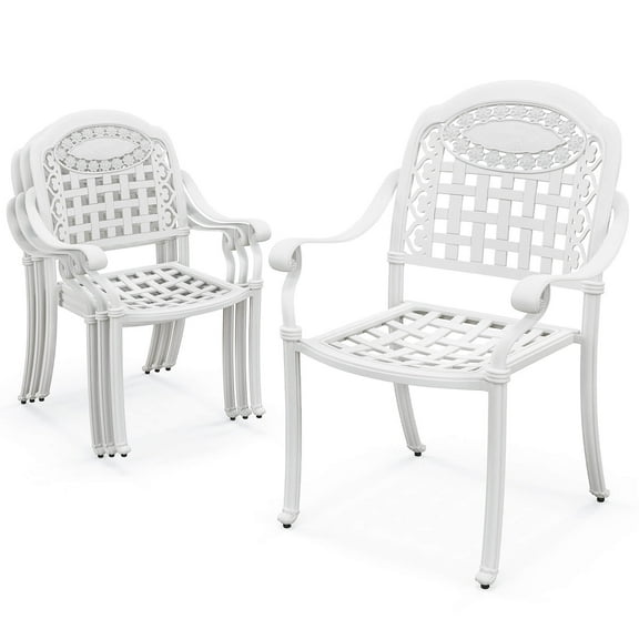 Gymax Set Of 4 Patio Cast Aluminum Armrest Chairs Dining Stackable Outdoor White