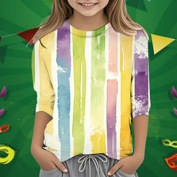 SNKSDGM Girls Tops for Teens Trendy under 10 Shirts for Girls 12-14 Trendy Children's Leisure Carnival Print O Neck Loose 3/4 Sleeves Quarter Sleeve T Shirt Top 8-9 Years