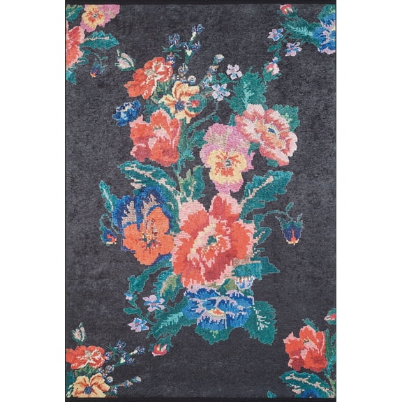 Gauhati Black Floral Polyester Area Rugs for Living Room Washable Rugs Boho Moroccan Area Rug Soft Geometric Bohemian Carpet Distressed Indoor Rug for Bedroom Dining Room Office Nonslip Rug