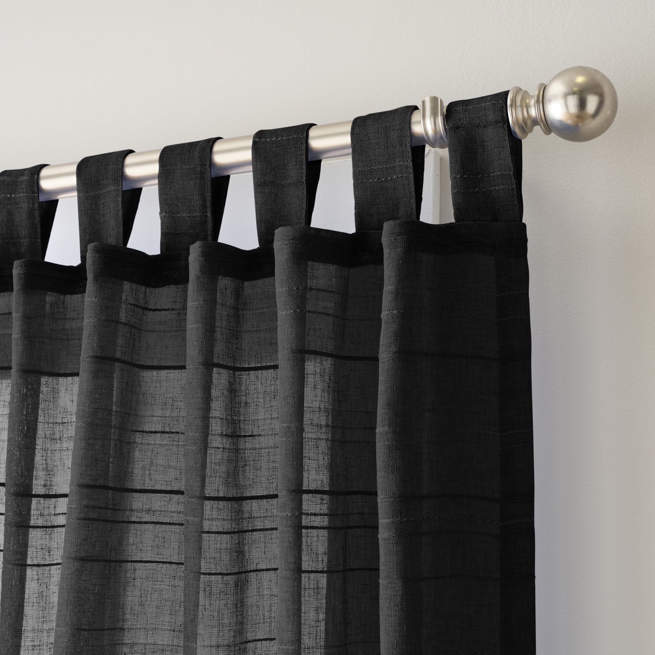 Mainstays Woven Stripe Sheer Tab Top Curtain, Single Panel, Black, 50" W x 63" L