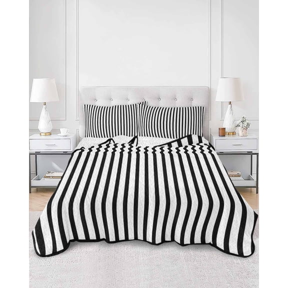 Quilts Full Size, Black White Vertical Striped Soft Comforter Bedding Set for Bed, Farmhouse Thin Line Stripes Lightweight Quilted Bedspread with Pillow Cover(2 Pieces) for All Season, 78x90 Inch