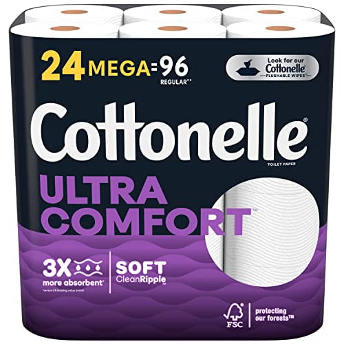 Cottonelle Papier Toilette Ultra Confort Papier Toilette Robuste, 24 Méga Rouleaux (24 Méga Rouleaux 96 Rouleaux Réguliers), 268 Feuilles par Rouleau