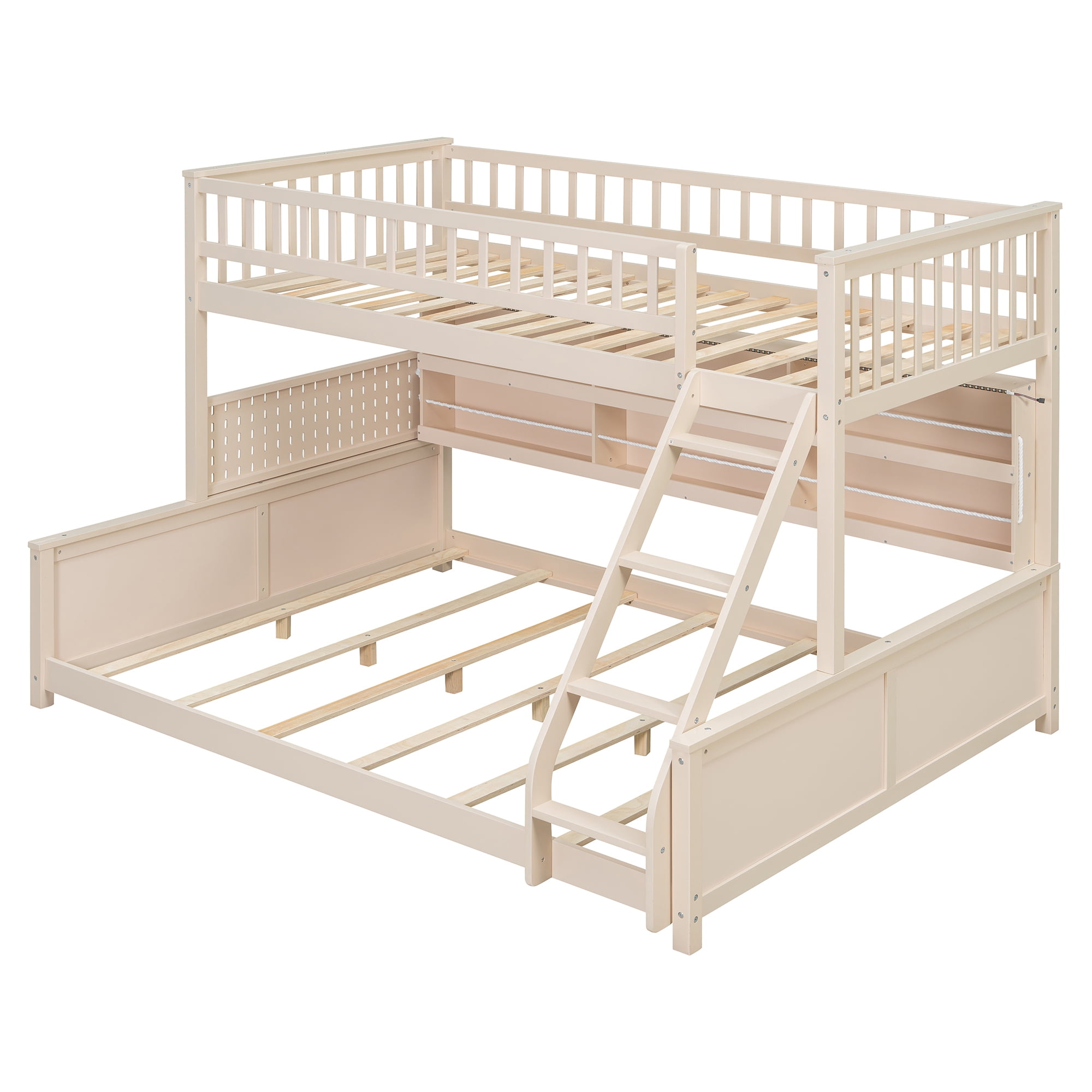 Twin XL over Queen Bunk Bed with Integrated Side Storage Shelves and Color-Changing LED Lights, Solid Wood Bunk Bed Frame with Integrated Shelving and Pegboard for Kids Teens Adults