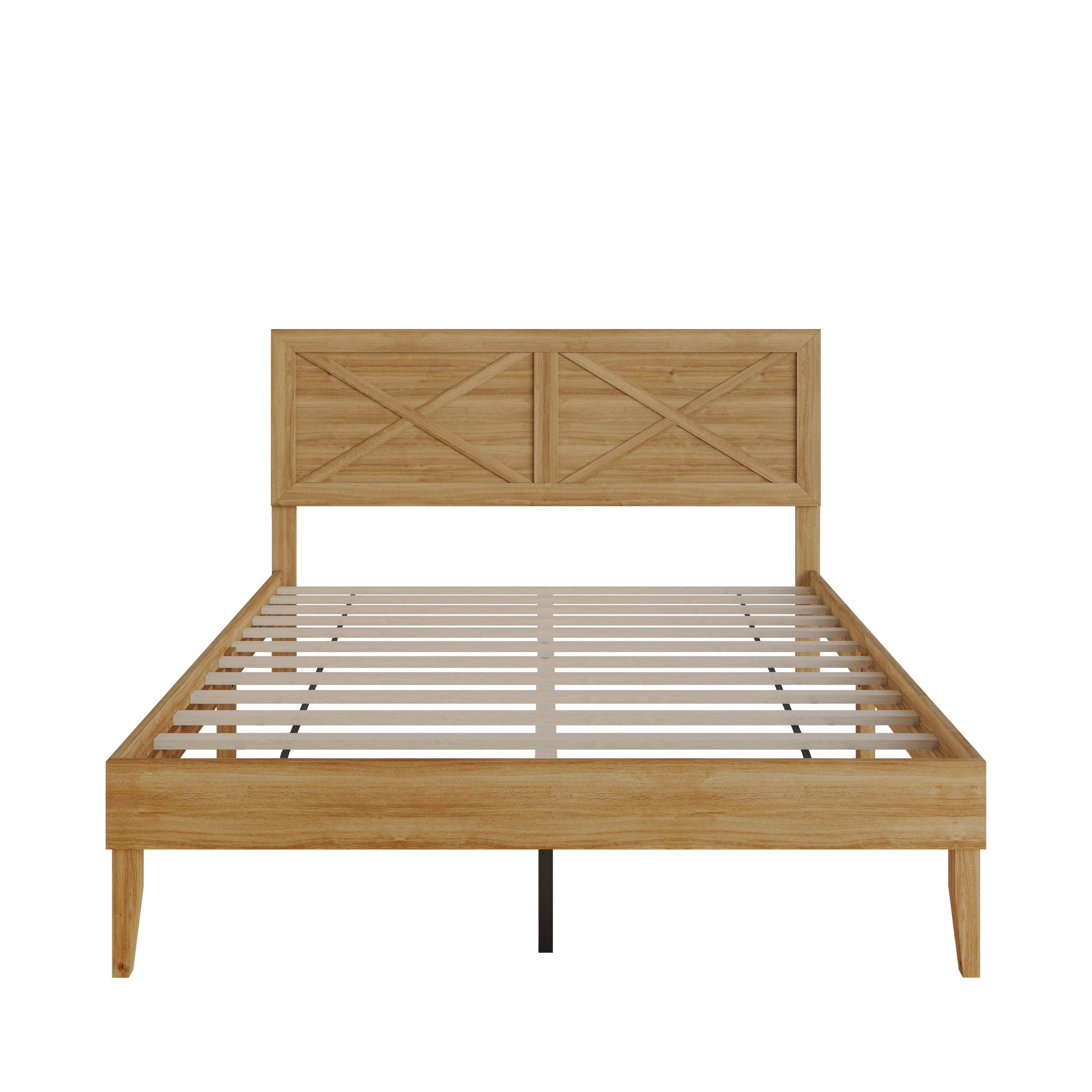 Home Design Oxnard Twin Solid Wood Platform Bed Frame with X-Pattern Headboard and Full Slat Support System, Light Oak