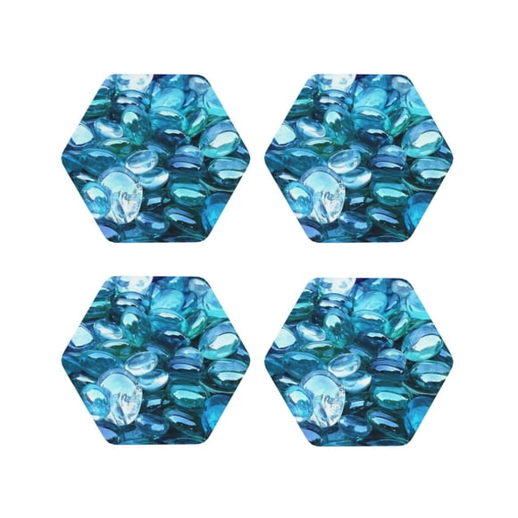 Vsdgher Blue Kyanite Print Leather Coasters for Drinks, Durable Drink Coasters 4 Set for Tabletop Protection, Luxurious Home Décor and Housewarming Gift-Hexagon