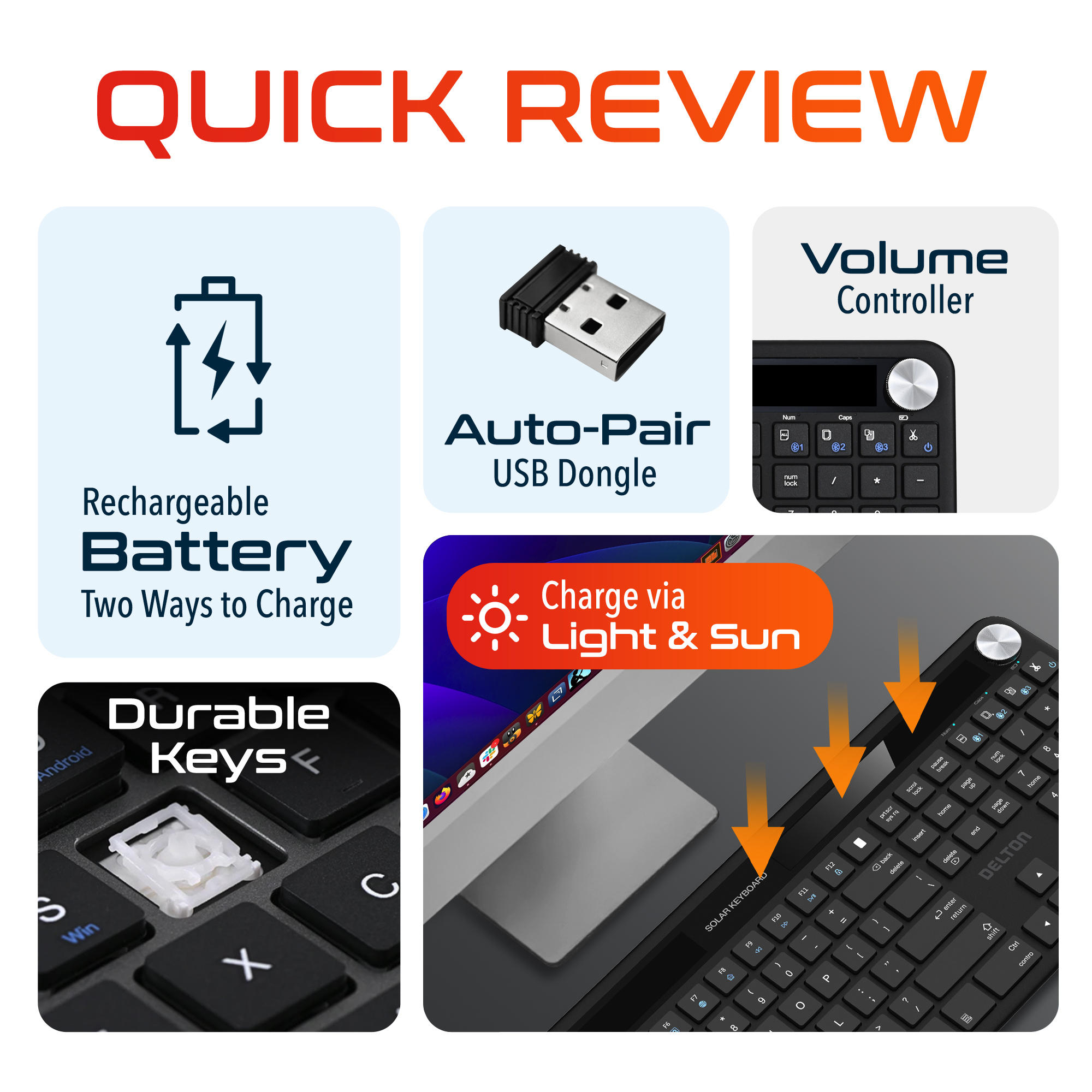 Delton KB90 Wireless Solar Rechargeable Keyboard, Bluetooth Keyboard for Computer/Desktop/PC/Laptop/Windows - Black