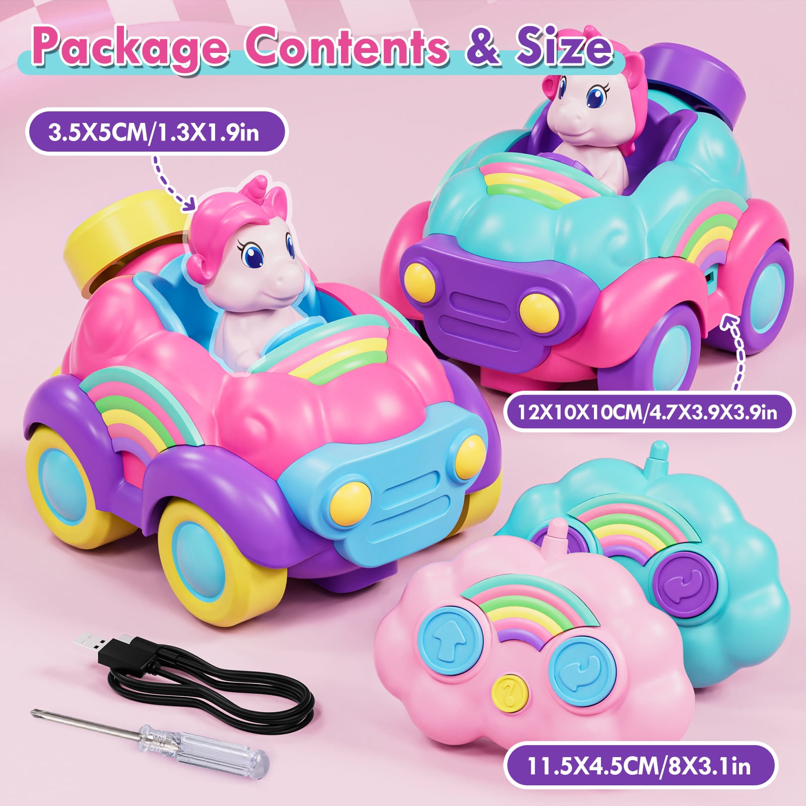 Toddler Girl Toys, Rechargeable Remote Control Car for Toddlers Ages 2-4, Girls Toys, 2 Packs Unicorn Toys RC Cars with Lights & Music, Toys for 2 3 4 Years Old Girls