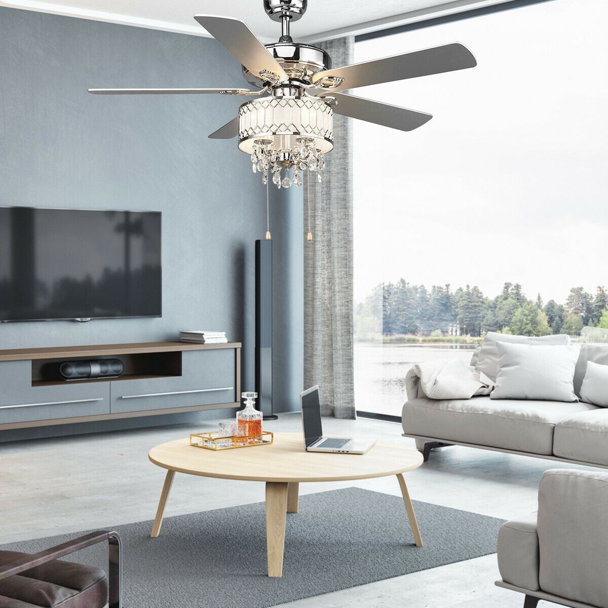 Costway 52 in Classical Crystal Ceiling Fan Lamp w/ 5 Reversible Blades Pull Chain Home Silver