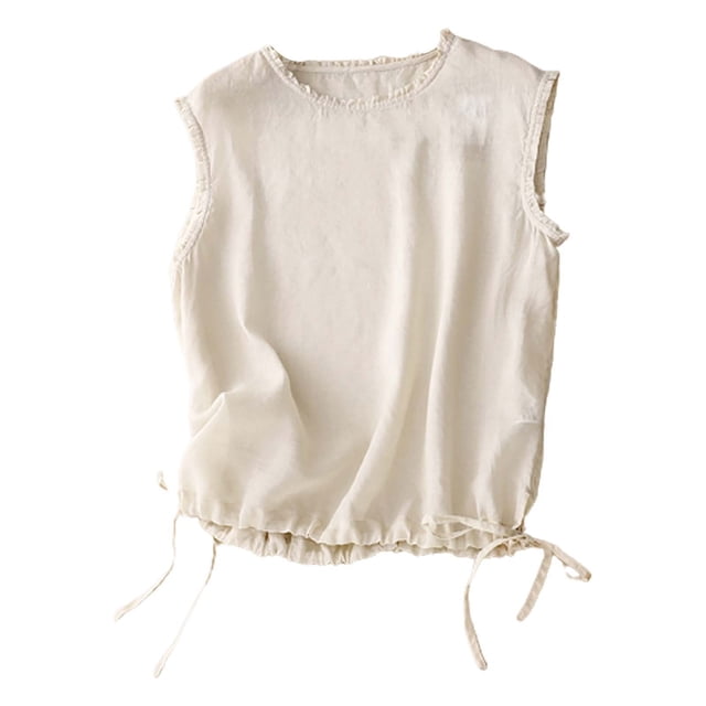 Gibobby Chaleco sin mangas de cuello redondo para mujer Chaleco corto ligero y simple de algodón y lino(Beige,M)
