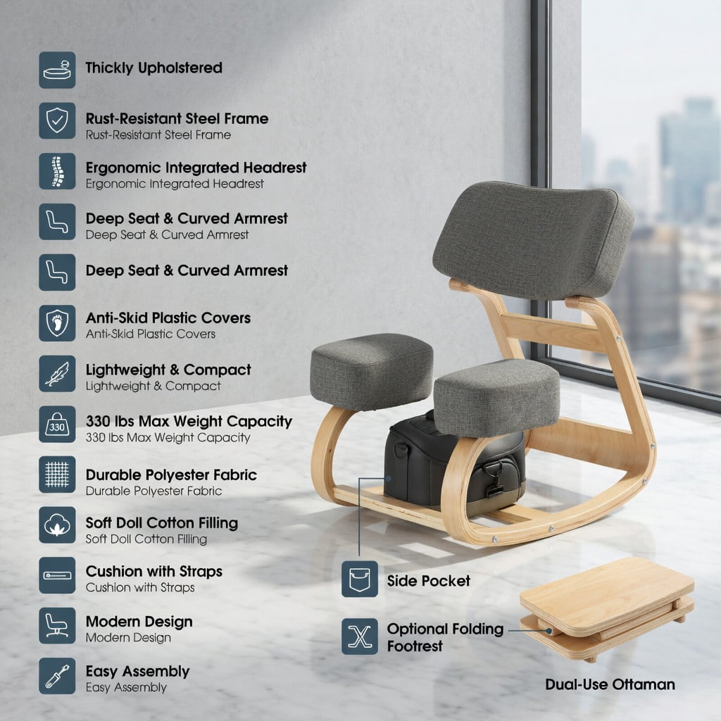 Demi Bonn Ergonomic Kneeling Chair Rocking Office Desk Stool Upright Posture for Home, Bedroom, Study, Gray