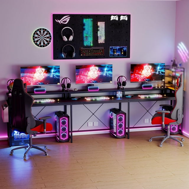 EDTara Gaming Desk, U Shaped Computer Table, Mesa Gamer, 126 Inch Computer Desk with Monitor Stand and LED Lights, with Storage,Two Installation Methods,for Home and Office