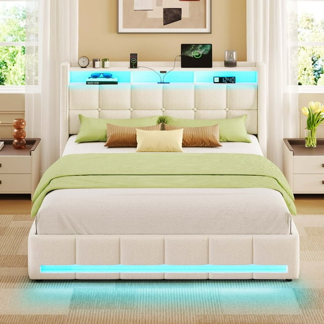 Greenstell Queen LED Storage Bed Frame - Charging Station, App Control, 1200LBS Capacity, White
