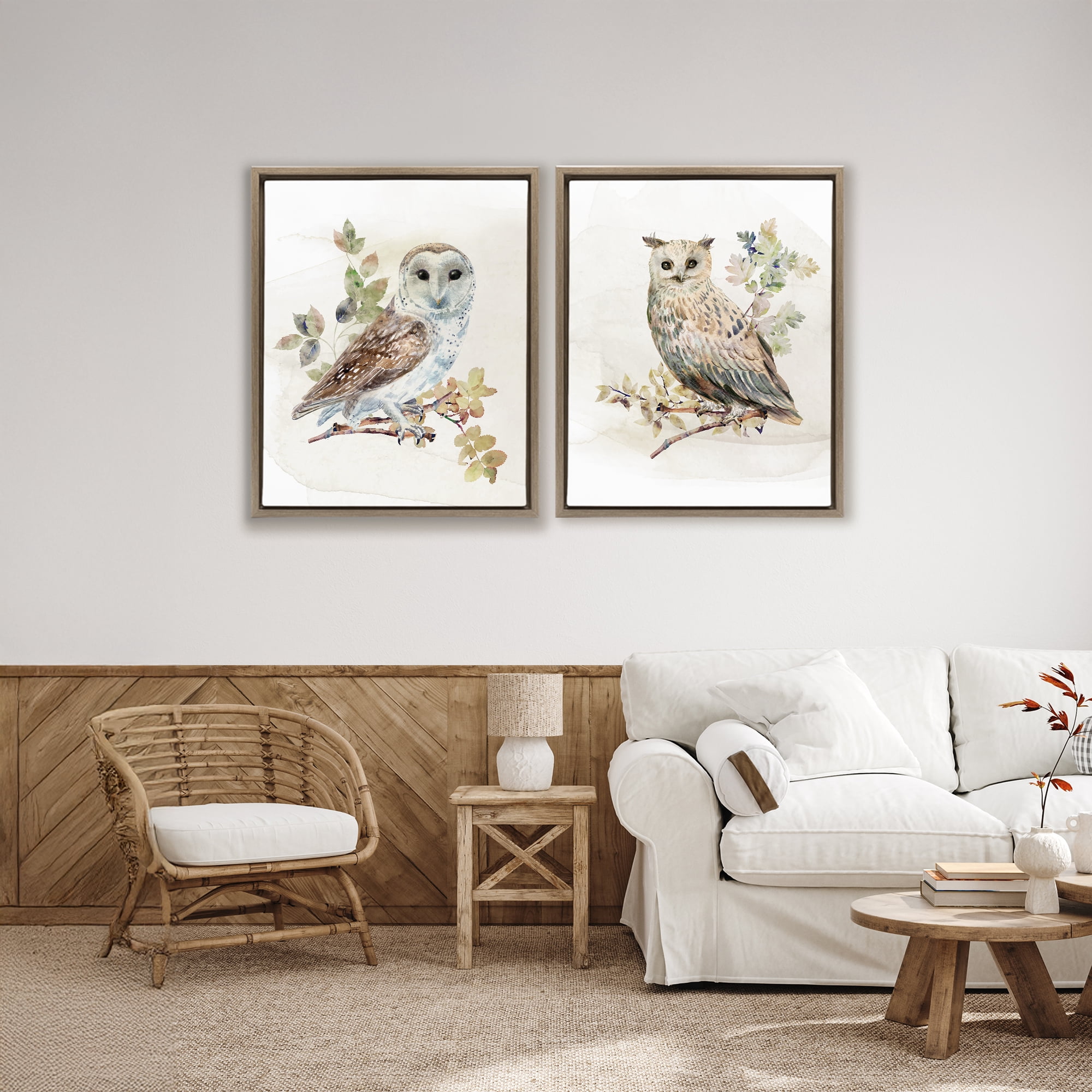Stupell Industries Owls Perched in Foliage 2 Piece Brown Framed Floater Canvas Set, design by CAD Designs
