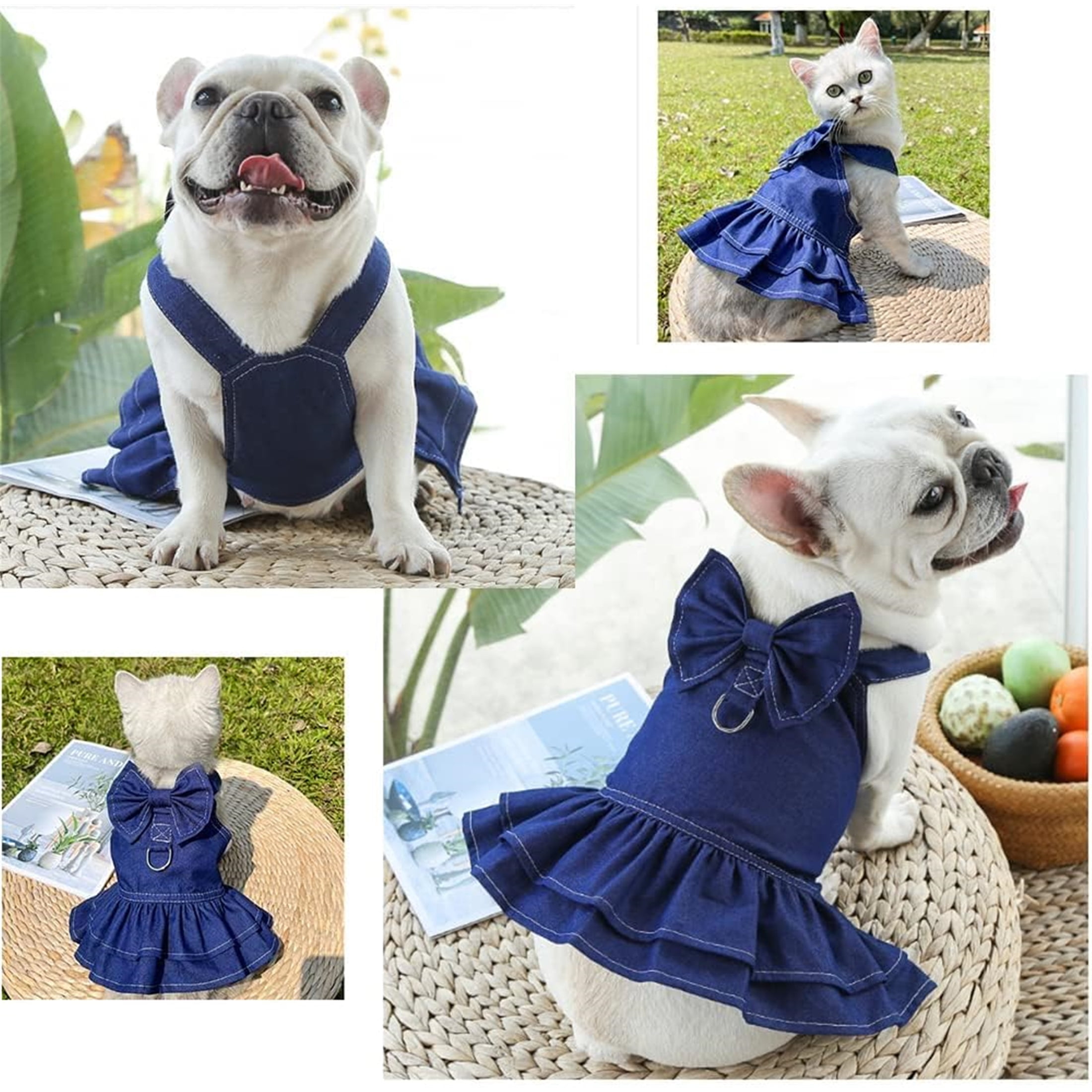 HQREA Denim Dog Dresses for Small Dogs Puppy Girl Clothes with D-ring & Bow Knot Summer Cat Apparel Blue Dog Clothes