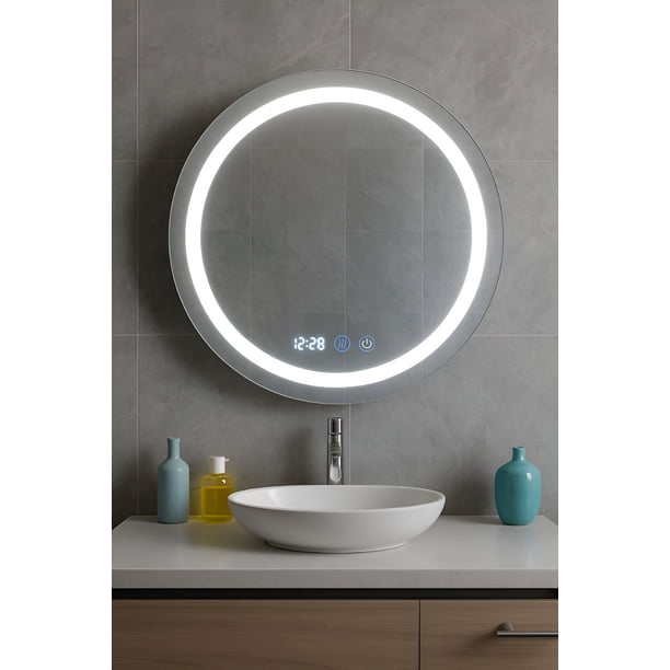 Espejo LED de 45 cm con Sensor Touch, Función Anti-Empañante y Reloj Integrado - Estilo Minimalista de Alta Definición