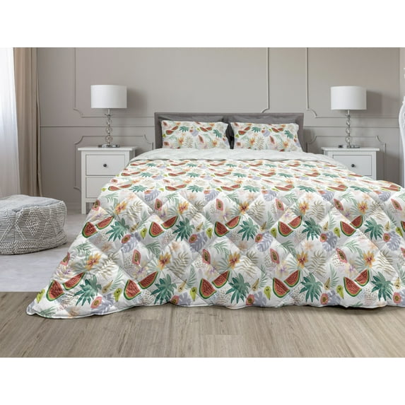 Tropical Comforter & Sham Bedding Set, Botanical Print with Watermelon Papaya and Pears Retro Style Nature Composition, 3 pcs Duvet Set Microfiber Filling Quilt, 5 Sizes, Multicolor, by Ambesonne