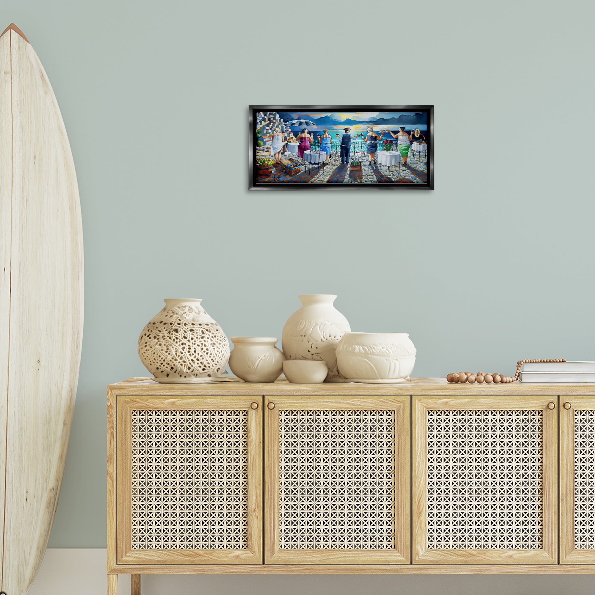 Stupell Industries Villa Sunset View People Painting Black Floater Framed Canvas Art Print Wall Art, 25 x 11