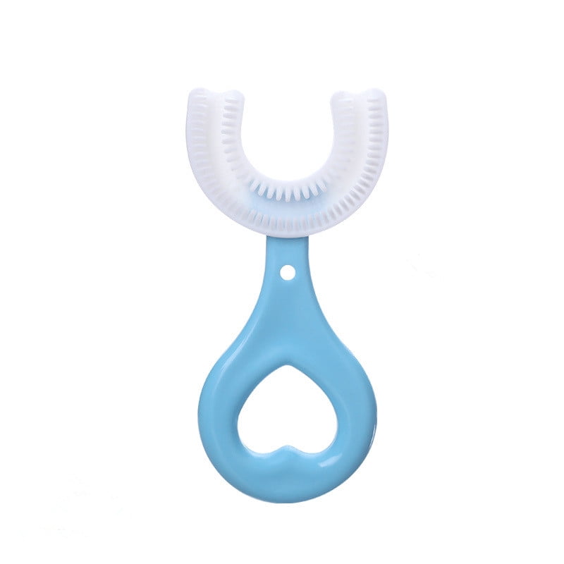 PLNEIK U-Shape Toothbrush for Kids, Heart/Oval Tooth Brush with Food Grade Soft Silicone Brush Head for 360° Oral Teeth Thorough Cleansing Blue (2-6Y)