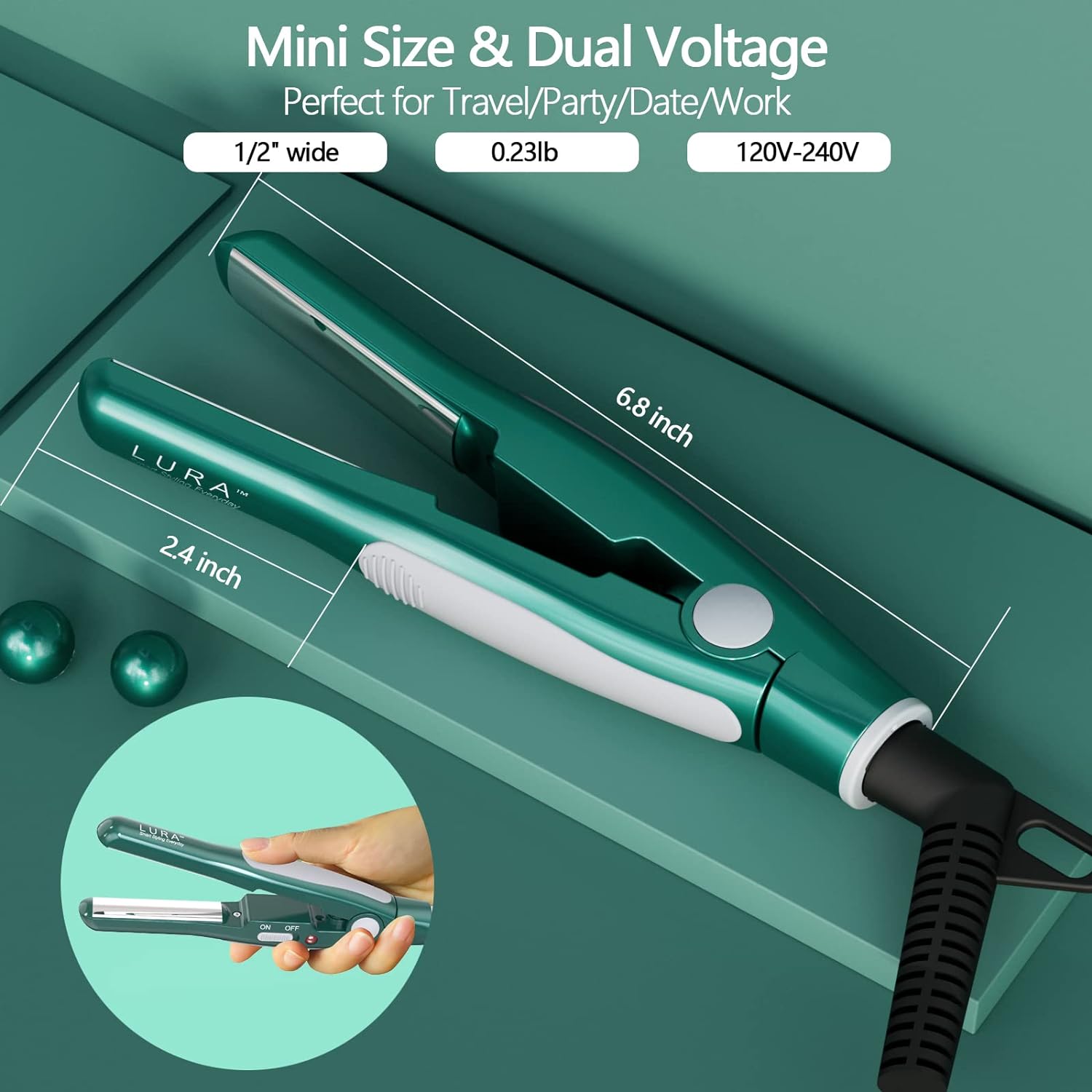 Lura Mini Flat Iron for Short Hair, 1/2 Inch, Green photo 5