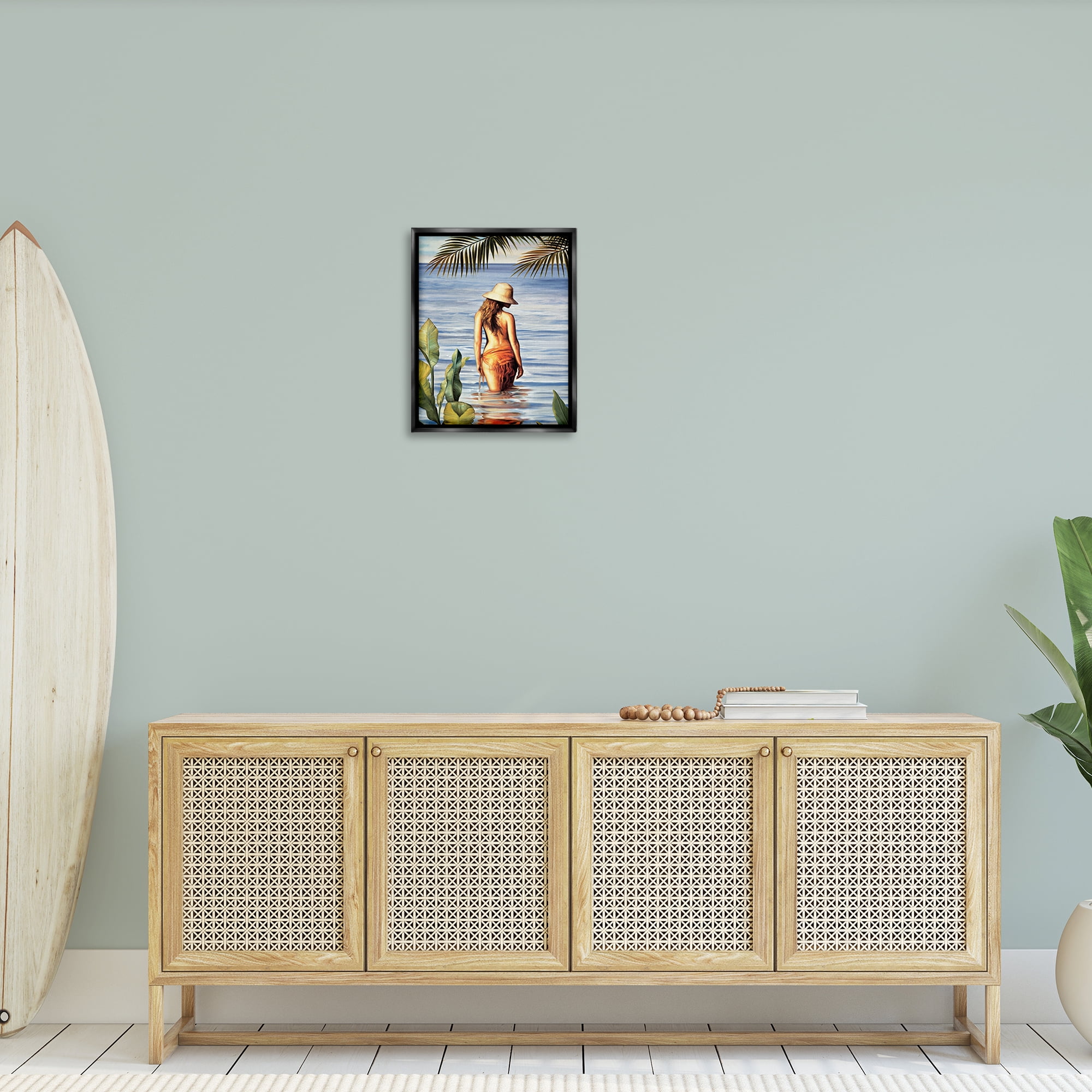 Stupell Industries Woman Wading Beach People Painting Black Floater Framed Canvas Art Print Wall Art, 17 x 21