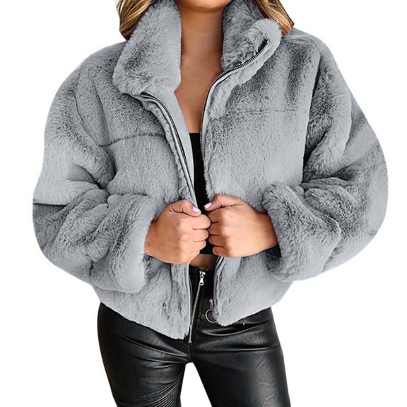 HOOJT Clearance! Women's 2024 Winter Coats Cropped Lapel Jacket Faux Furs Long Sleeve Pockets Shaggy Warm Cardigan Outerwear Fall Clothes