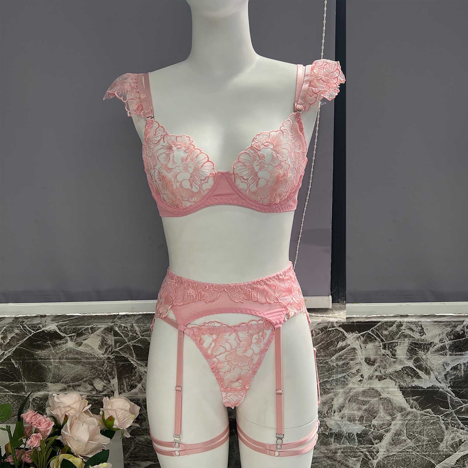 HAPIMO Women's Plus Size Lingerie Underwear Set Sale Lace Sleeveless Wireless Bra Garter Fashion Comfy Sleepwear Elegant Pajamas Summer Pink S