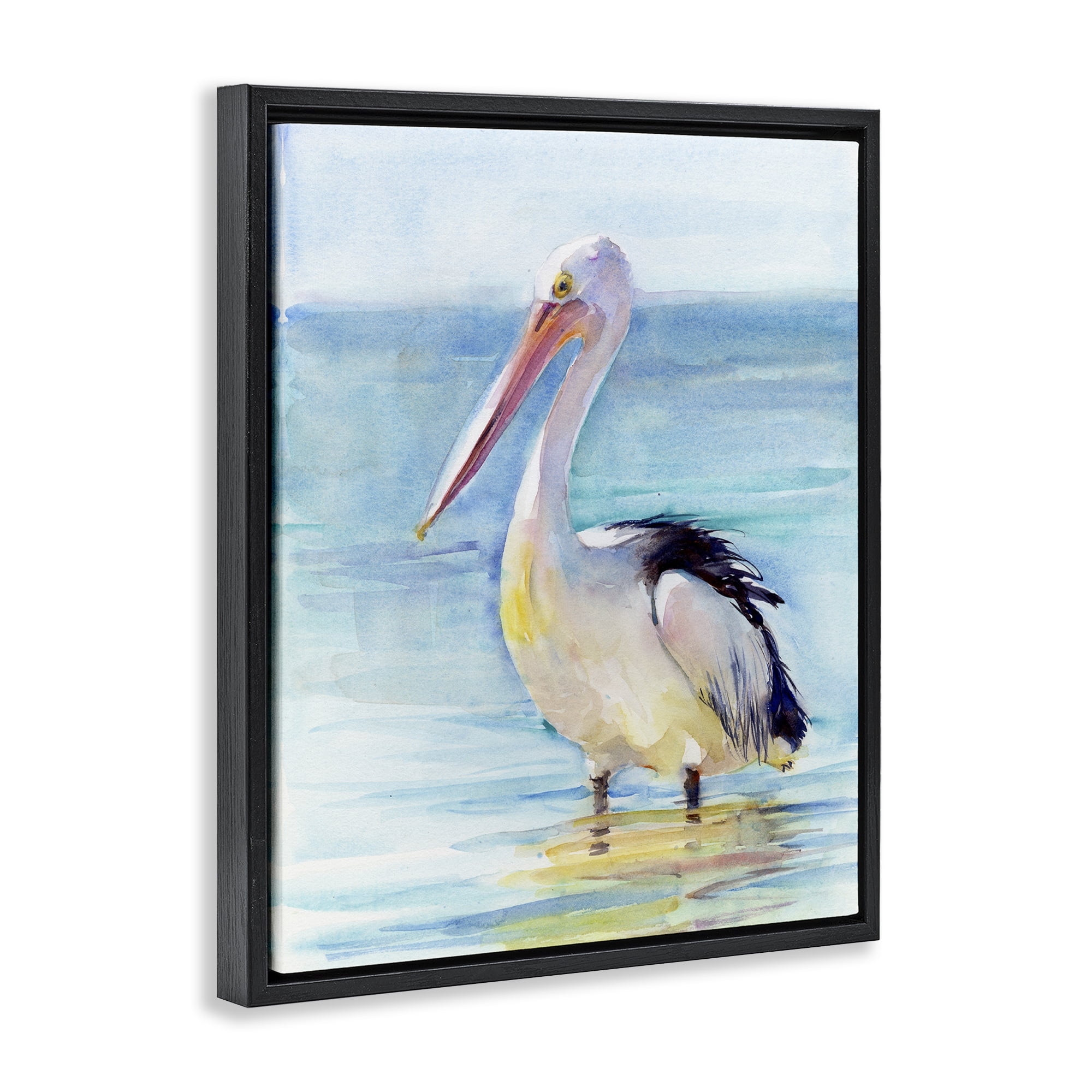 Stupell Industries Pelican Wading in Sea Nautical & Beach Painting Black Floater Framed Canvas Art Print Wall Art, 17 x 21