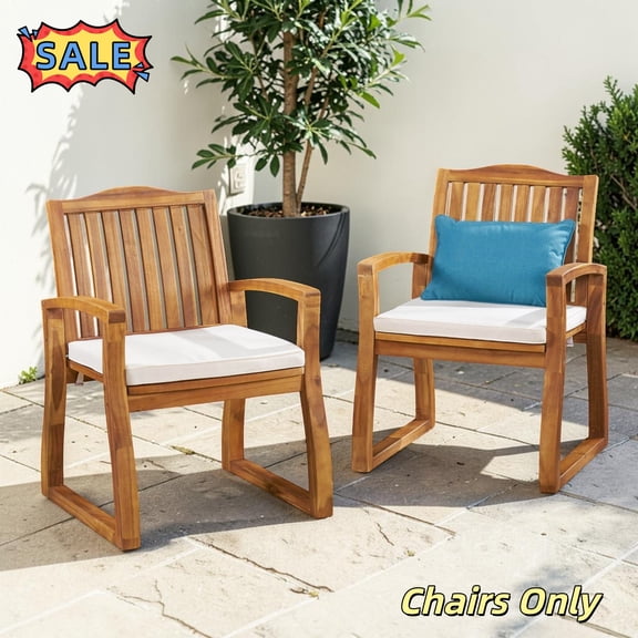 Tcbosik Outdoor Chairs Set of 2, Acacia Wood Dining Chair with Cushions, Lounge Armchair for Deck, Lawn, Porch, Backyard, Poolside, Easy Assembly, Natural