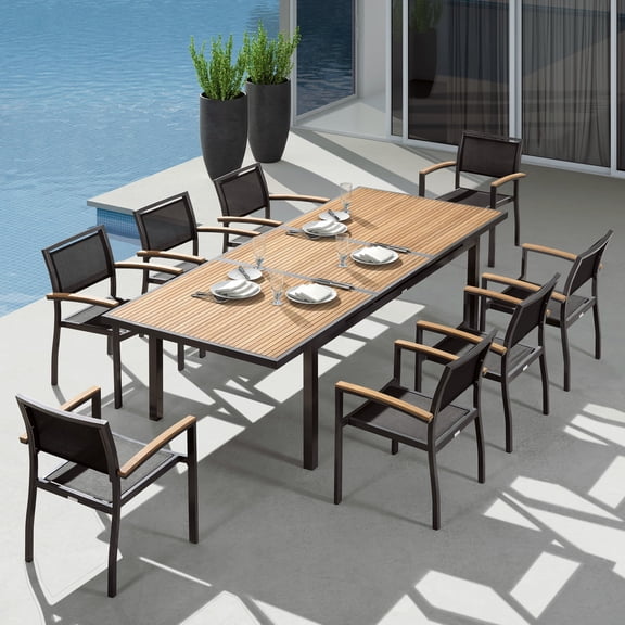 Higold Heck Series Heck 9 Piece Modern Teak Wood and Aluminum Extendable Stackable Dining Table with Chair Black
