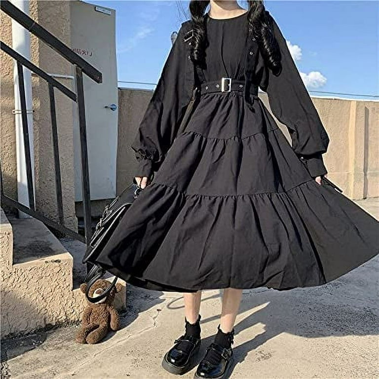 DanceeMangoo Gothic Dress Women Harajuku Gothic Kawaii Dress Cute Long Sleeve Black Midi Dress Emo Mall Goth Walmart