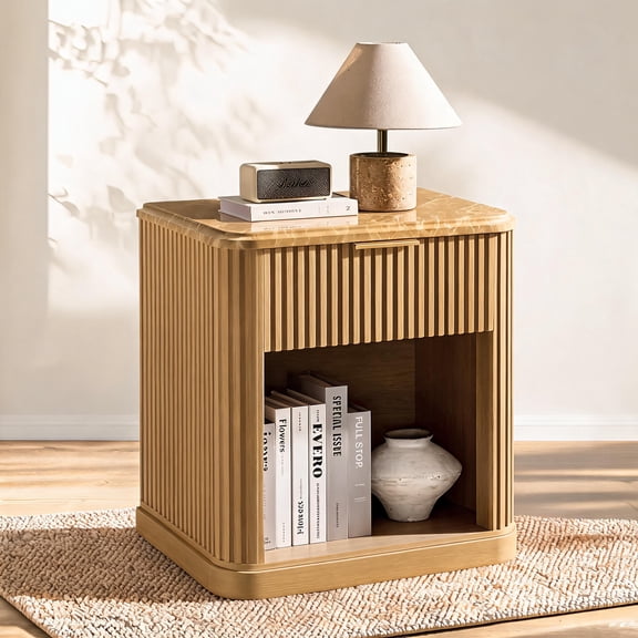 Fluted Nightstand, Wood Night Stand with Charging Station and Storage Drawer, 22.8" Wide Faux Marble Top Bedside Table for Bedroom, Living Room, Natural Oak