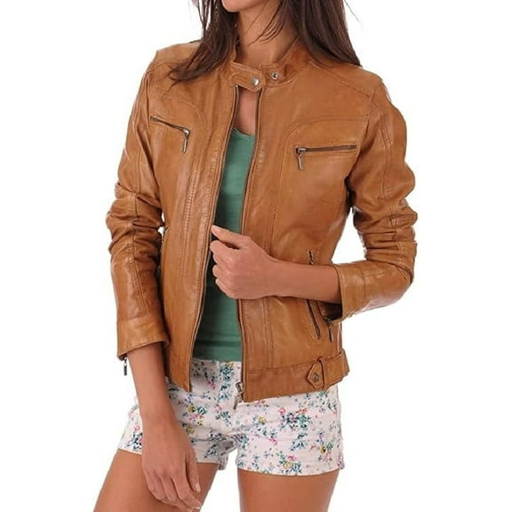 NEW HOT Women Tan Lambskin Real Leather Jacket Motorcycle Slim Fit Coat W280