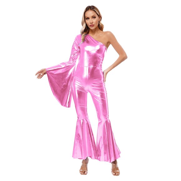 JanJean Womens Shiny Metallic 70s Disco Hippie Costume Bell-Bottomed Full Body Jumpsuit Pink XL