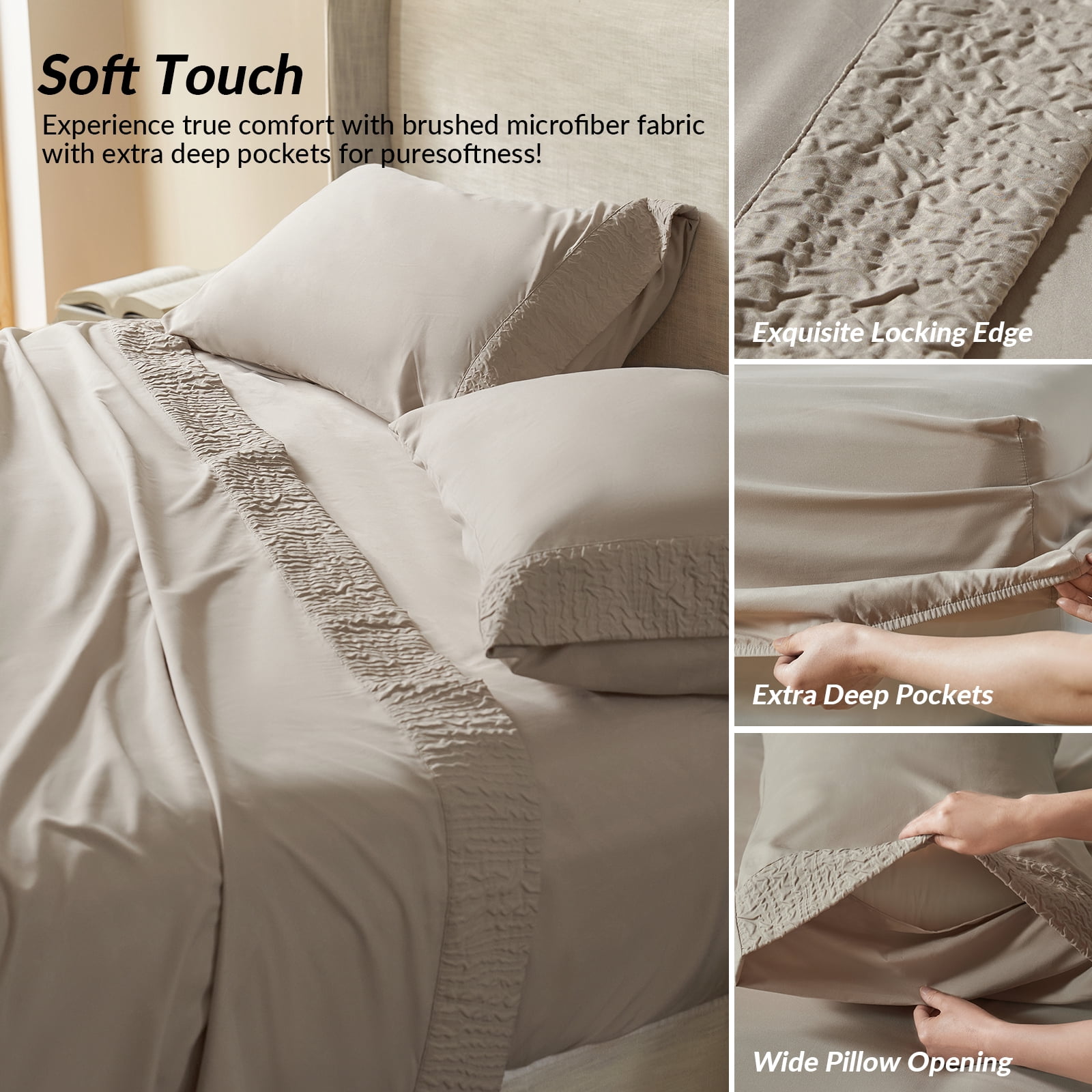4 Pcs Cooling Bed Sheets Set with 16" Deep Pocket, Luxury Soft Queen Sheets, Ivory