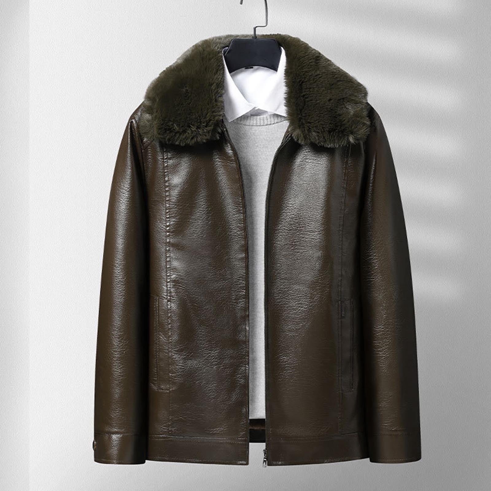 Mens Classic Faux Leather Jacket Detachable Fur Collar Vintage Leather Coat Warm Fleece Lined Jackets