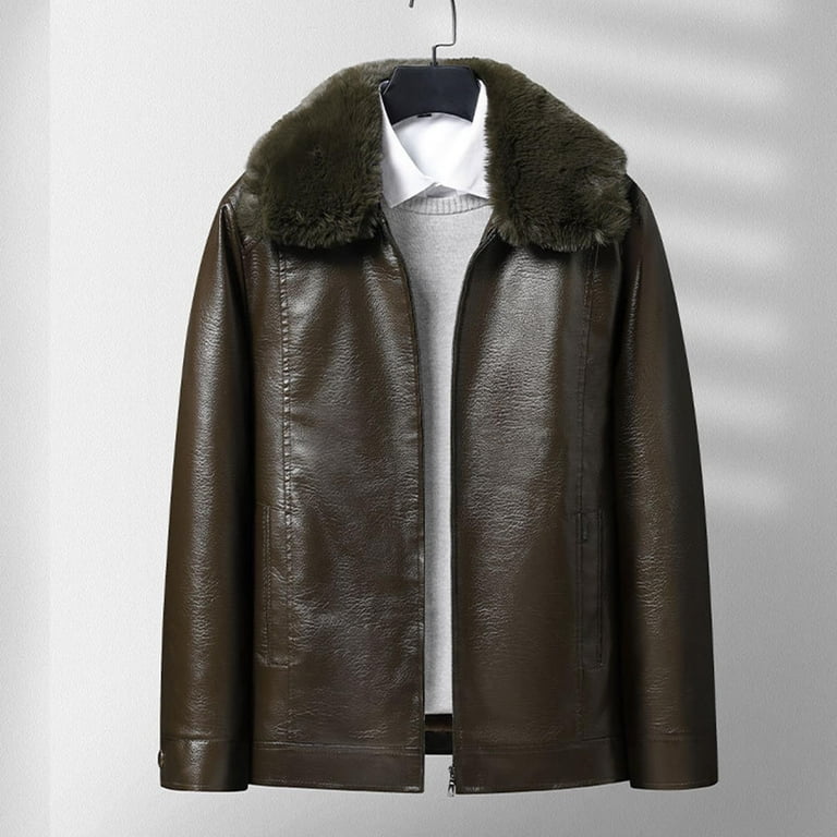 Mens Classic Faux Leather Jacket Detachable Fur Collar Vintage