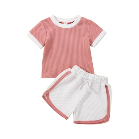 

Calsunbaby Baby Girls Boys Summer 2pcs Outfits Set Color Matching Short-sleeved Tops T shirt Drawstring Shorts Pink 0-3 Months