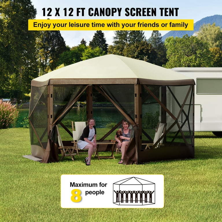VEVORbrand Camping Gazebo Tent, 12'x12', 6 Sided Pop-up Canopy Screen Tent  for 8 Person Camping, Waterproof Screen Shelter w/Portable Storage Bag