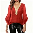thumbnail image 2 of Aobny Womens Shirts Casual Sequin Ruffle Sleeve Clothing V-Neck Red Pullover 3/4 Sleeve Sexy Tops,M, 2 of 9