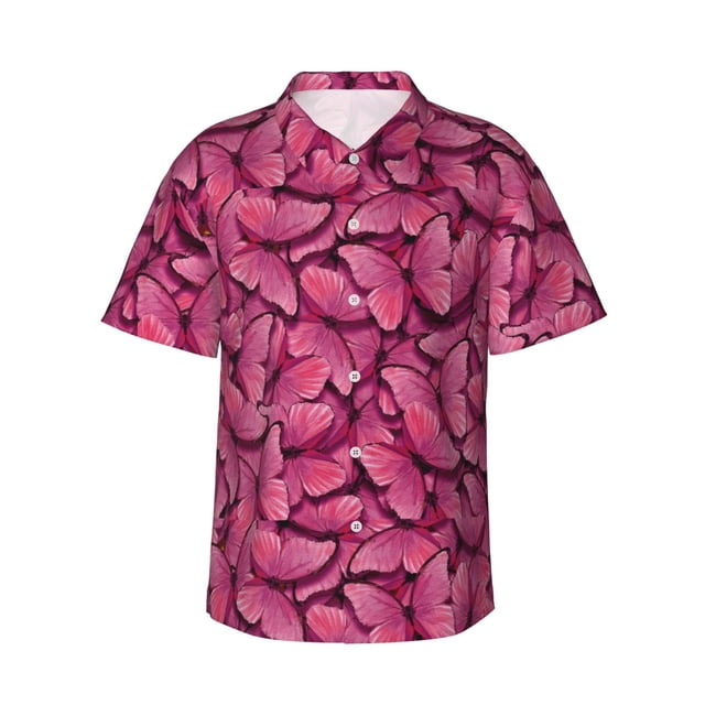 Balery Pink Butterfly Camisas hawaianas de manga corta para hombre, camisas playeras de corte holgado, camisas de vacaciones con botones,Large