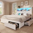 thumbnail image 4 of Mabor Farmhouse Queen Bed Frame with Bookcase Headboard & 6 Drawers, Rustic Wooden Bed Frame Queen Size with Charging Station and LED Lights, Bed with Metal Slats Support,No Box Spring Needed,White, 4 of 6