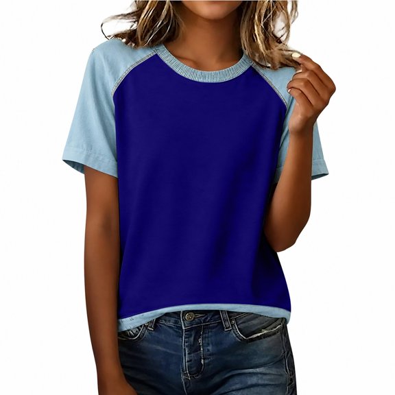 T Shirts For Women Blue Womens Tops Fashion Summer Neck Short Sleeve Vacation Outfits