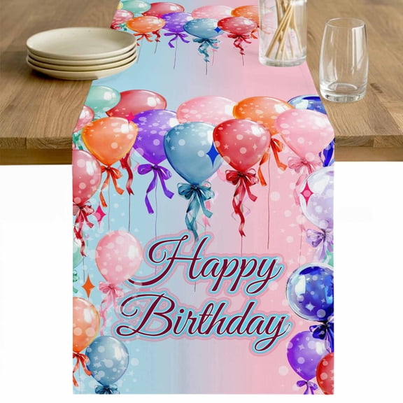 Happy Birthday Table Runner - 108 Inch Long Colorful Balloons Bow Gradient Modern Blue Cotton and Linen Blended Dress Scarves Farmhouse Table Runner for Kitchen Dining, Coffee Table, 13" x 108"