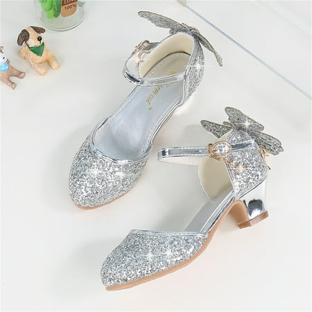 

Kids Sequins Sandals Shoes Big Girls Low Heel Back Butterfly Dress Sandals Girls Dress Shoes Size 4-12T Silver Little Girls 9 Years