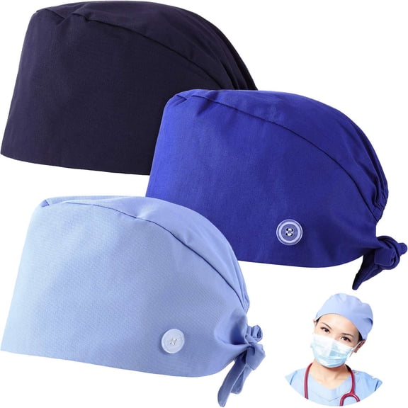 3 Pack Working Cap Scrub Caps with Button,Gourd-Shaped Bouffant Hats Adjustable Tie Back Surgical Cap for Women Men