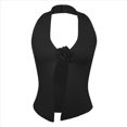 thumbnail image 3 of Top de Punto Acanalado con Estampado Floral 3D y Cuello Halter para Mujer, Estilo Y2K, Sin Mangas, Espalda Descubierta, Abertura Frontal, Ajustado, Chaleco Tipo Suéter. Negro L, 3 of 10