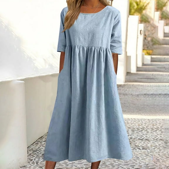 QUINDOS Womens Dresses Crew Neck Short Sleeve Casual Sundress Plus Size Dresses Summer Pockets Solid Color Pleated Midi Long Womens Dresses
