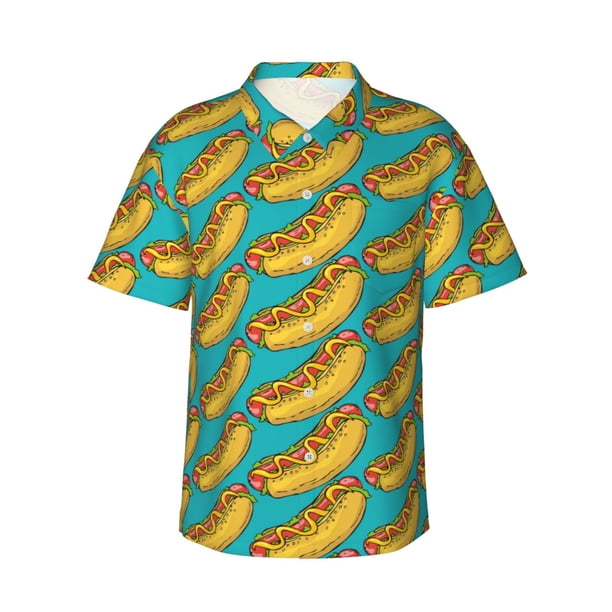 Fotbe Hot Dogs 8 Camisa Hawaiana para Hombre Unisex – Camisa Casual de Verano con Botones de Manga Corta de Algodón y Lino,Medium