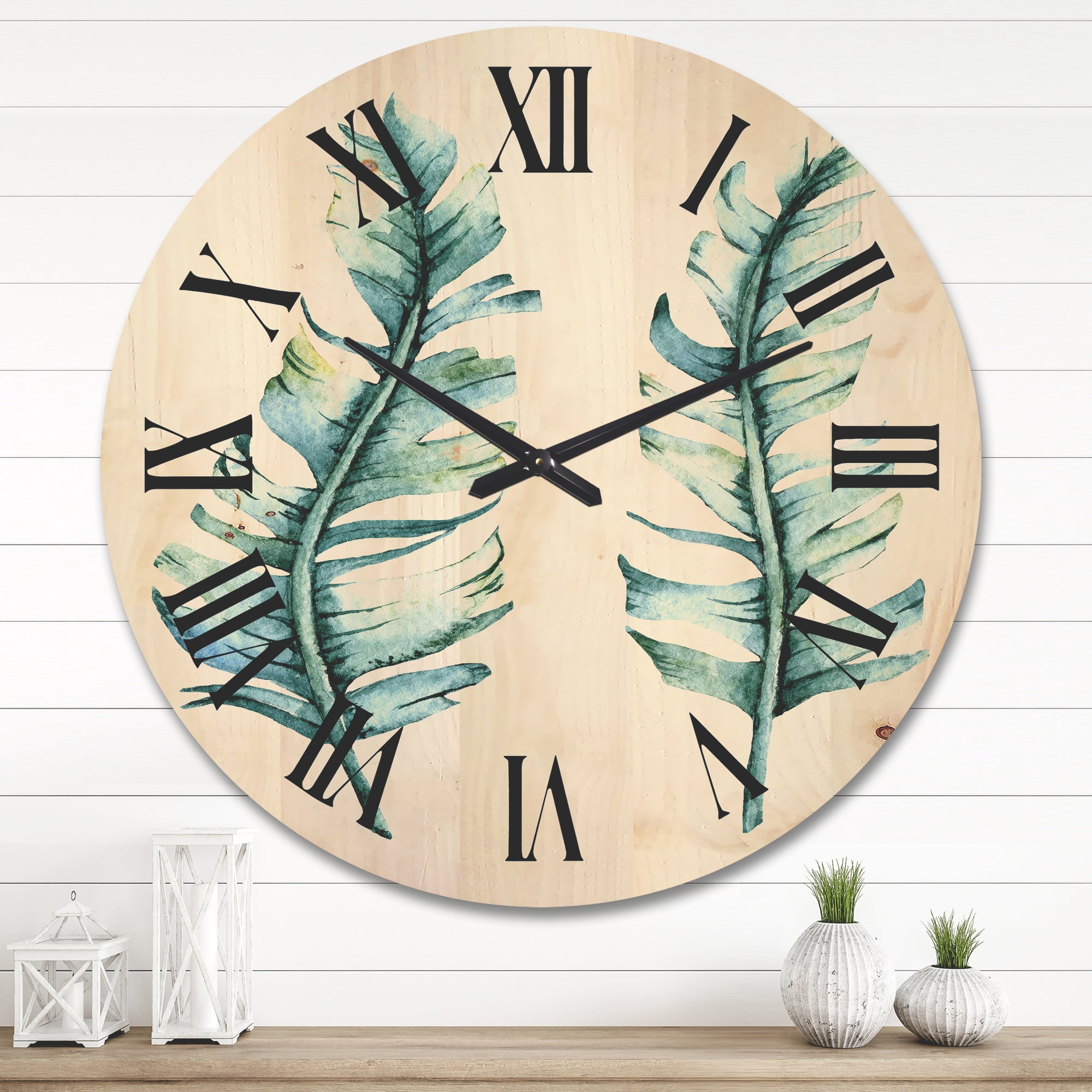 Designart 'Duo of Tropical Leaves On White' Farmhouse Wood Wall Clock