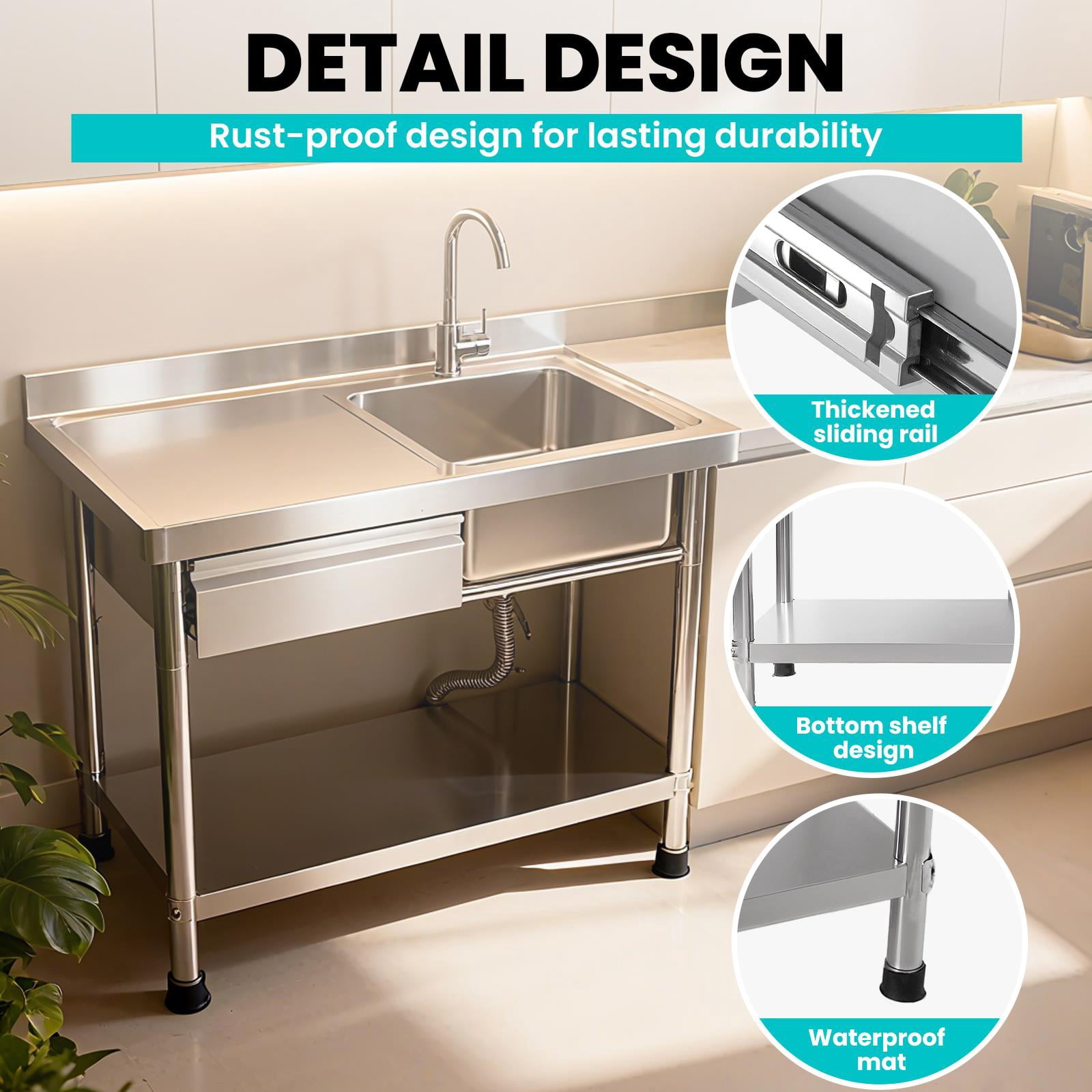 Drawer Stainless Steel Utility Sink,Free Standing Utility Sink With Faucet And Storage Drawer,1.2mm Thick 201 Stainless Steel,Stainless Steel Commercial Sink For Indoor Or Outdoor Use,Silver